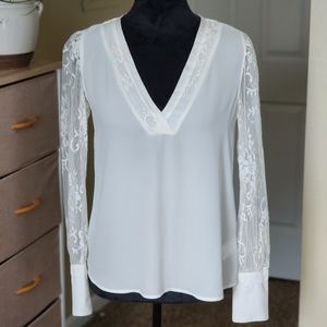 White Satin Lace Blouse, Long Sleeve, Size XS, Modest